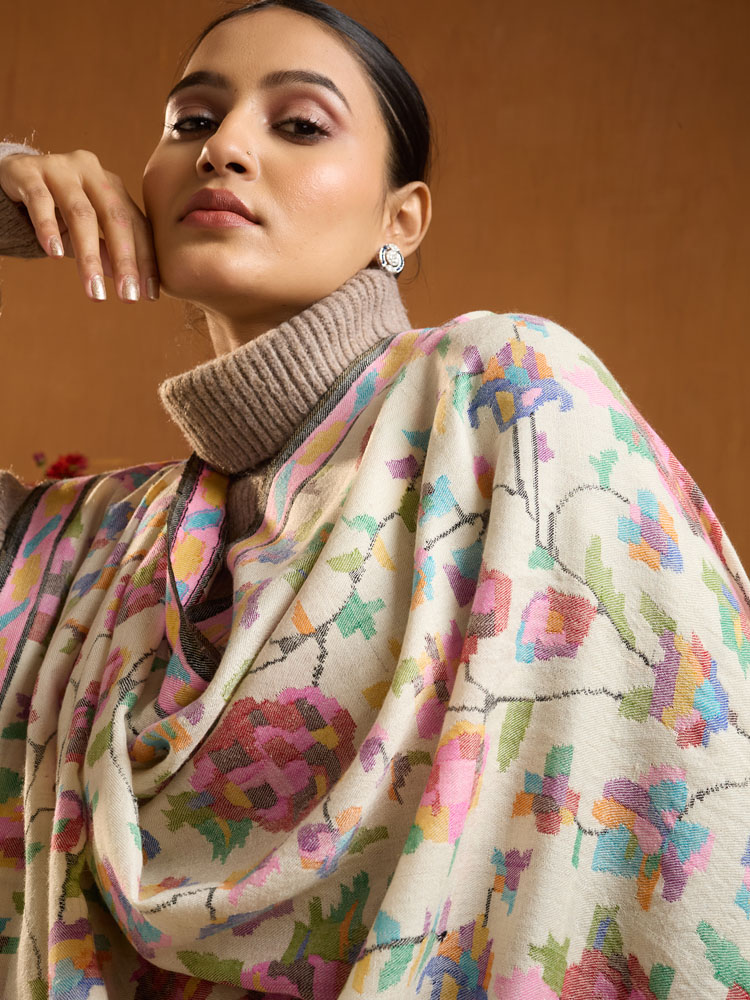 ImageGulzar Handloom Kani Pashmina Shawl – Snow,Multi
