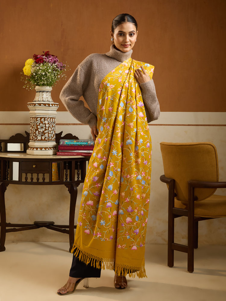 ImageAri Jaaldaar Hand Embroidery Shawl – Honey Gold