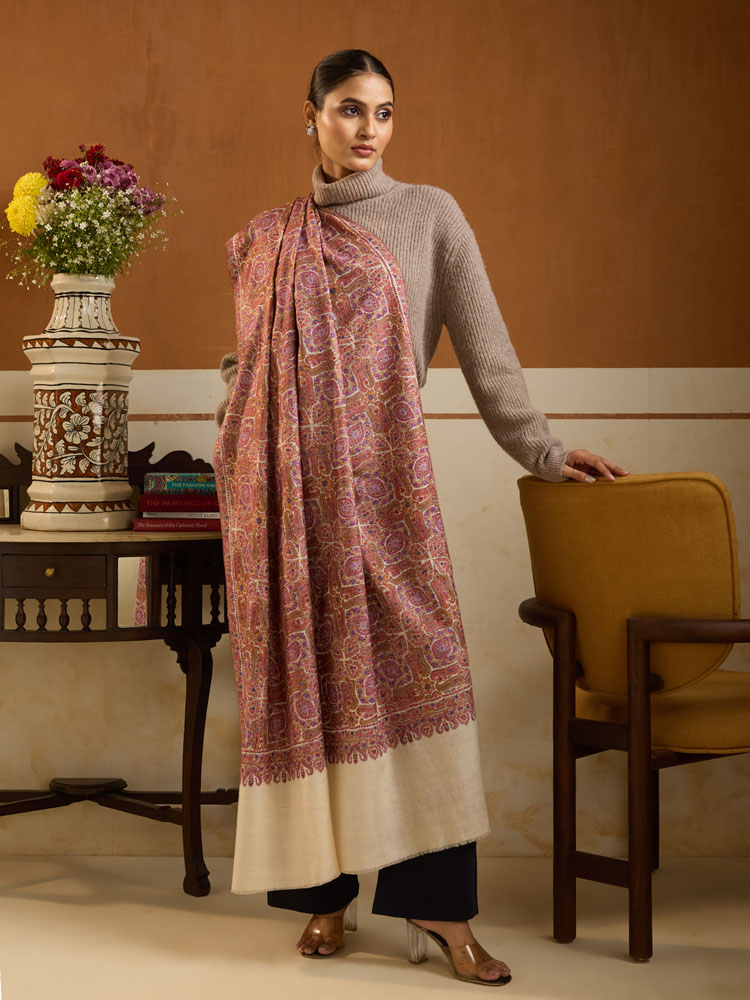 ImageAinakaari Jama Pashmina Sozni Shawl – Offwhite, Multi