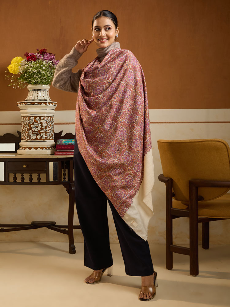 ImageAinakaari Jama Pashmina Sozni Shawl – Offwhite, Multi