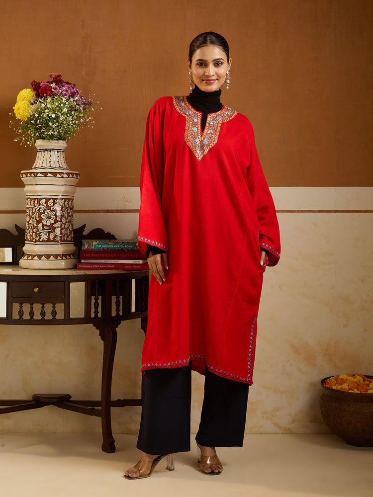 ImageChinar Naal Ari Emb Wool Phiran – Vermillion Red