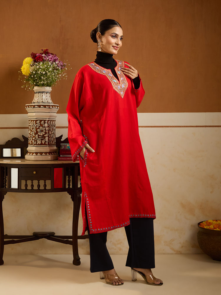 ImageChinar Naal Ari Emb Wool Phiran – Vermillion Red