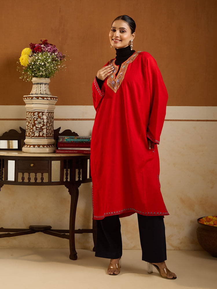 ImageChinar Naal Ari Emb Wool Phiran – Vermillion Red