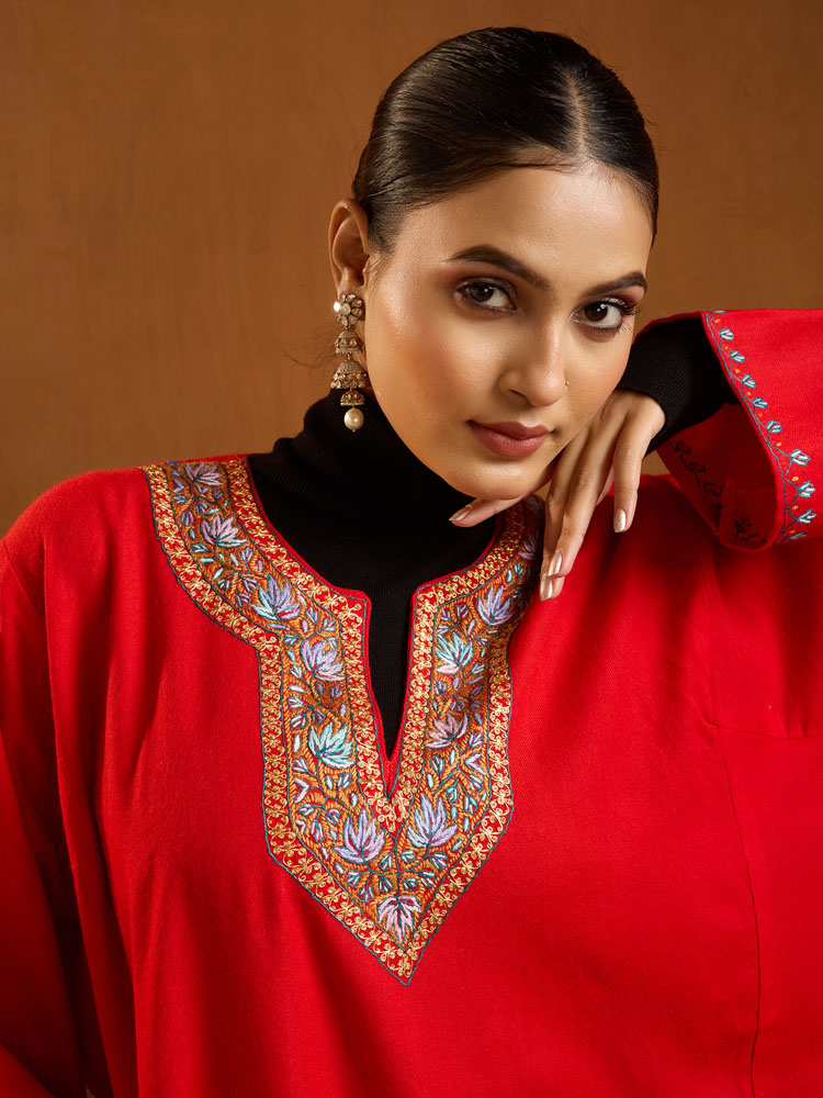 ImageChinar Naal Ari Emb Wool Phiran – Vermillion Red