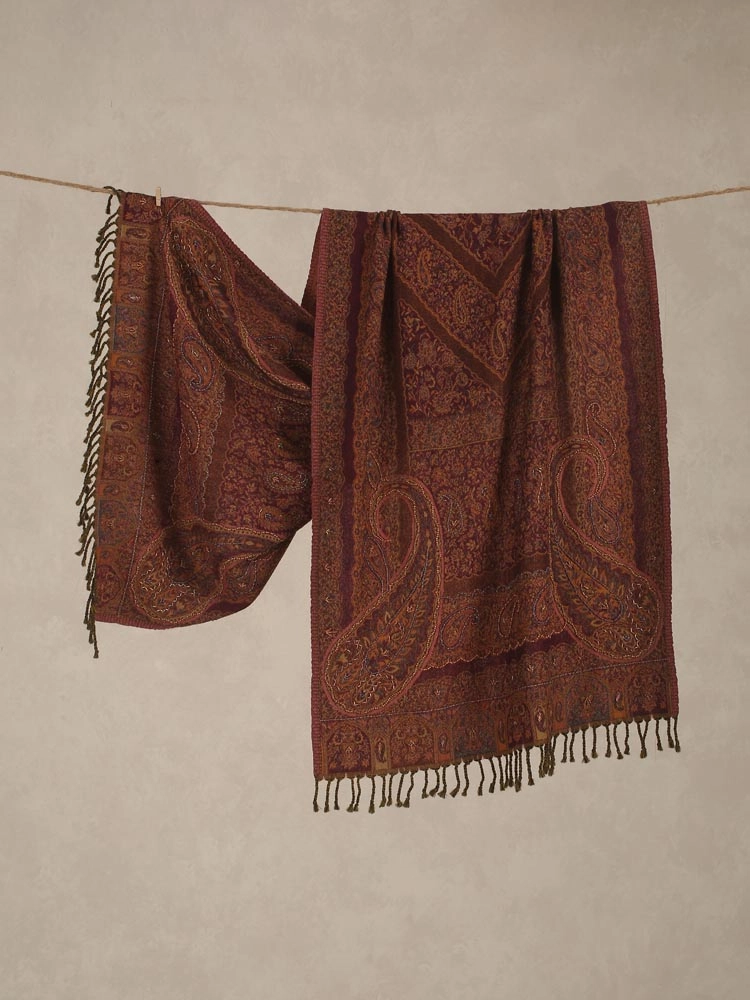 ImageZara Paisley Hand Embroidery Merino Wool Stole – Rust