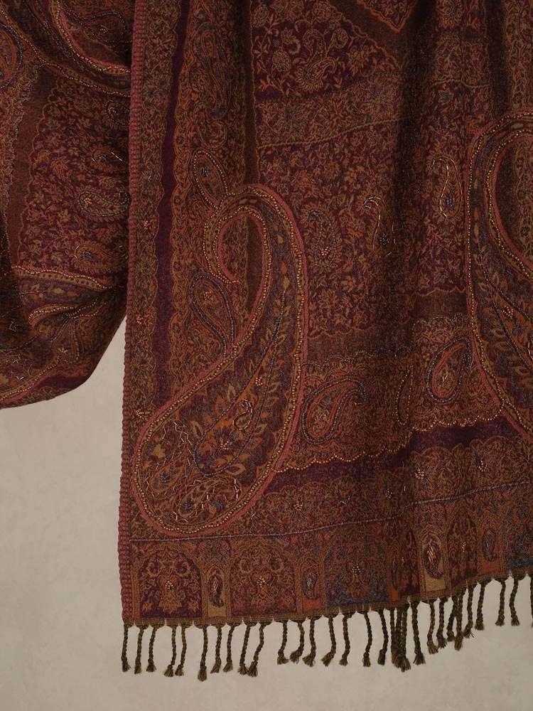 ImageZara Paisley Hand Embroidery Merino Wool Stole – Rust