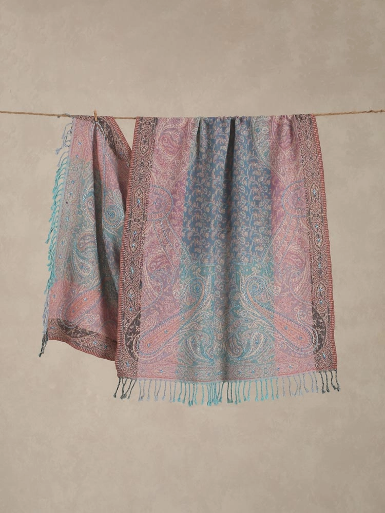 ImageNira Paisley Hand Emb Merino Wool Stole – Aqua, Pink
