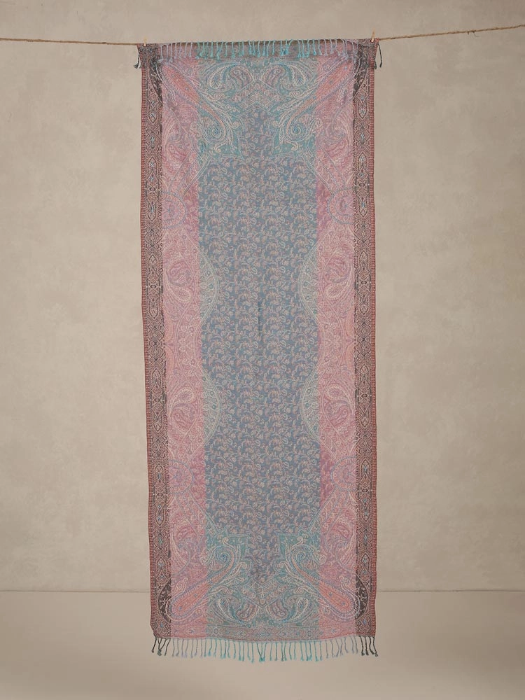 ImageNira Paisley Hand Emb Merino Wool Stole – Aqua, Pink