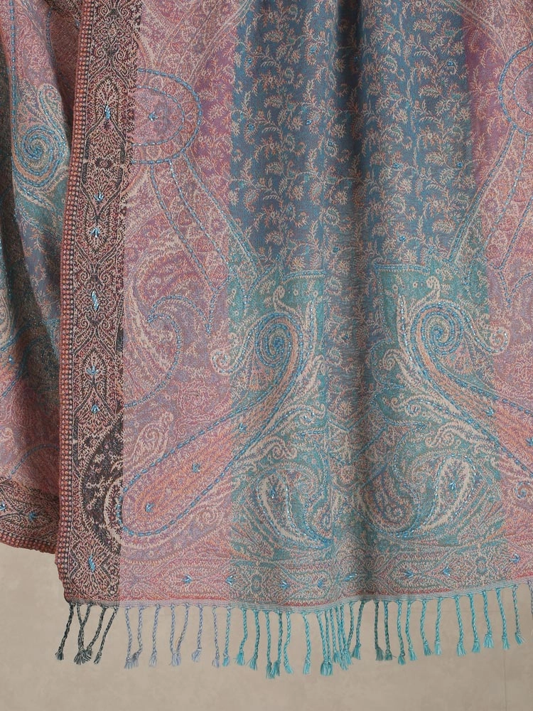 ImageNira Paisley Hand Emb Merino Wool Stole – Aqua, Pink