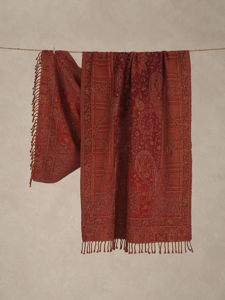 Tara Paisley Hand Emb Merino Wool Stole - Roorkee Red