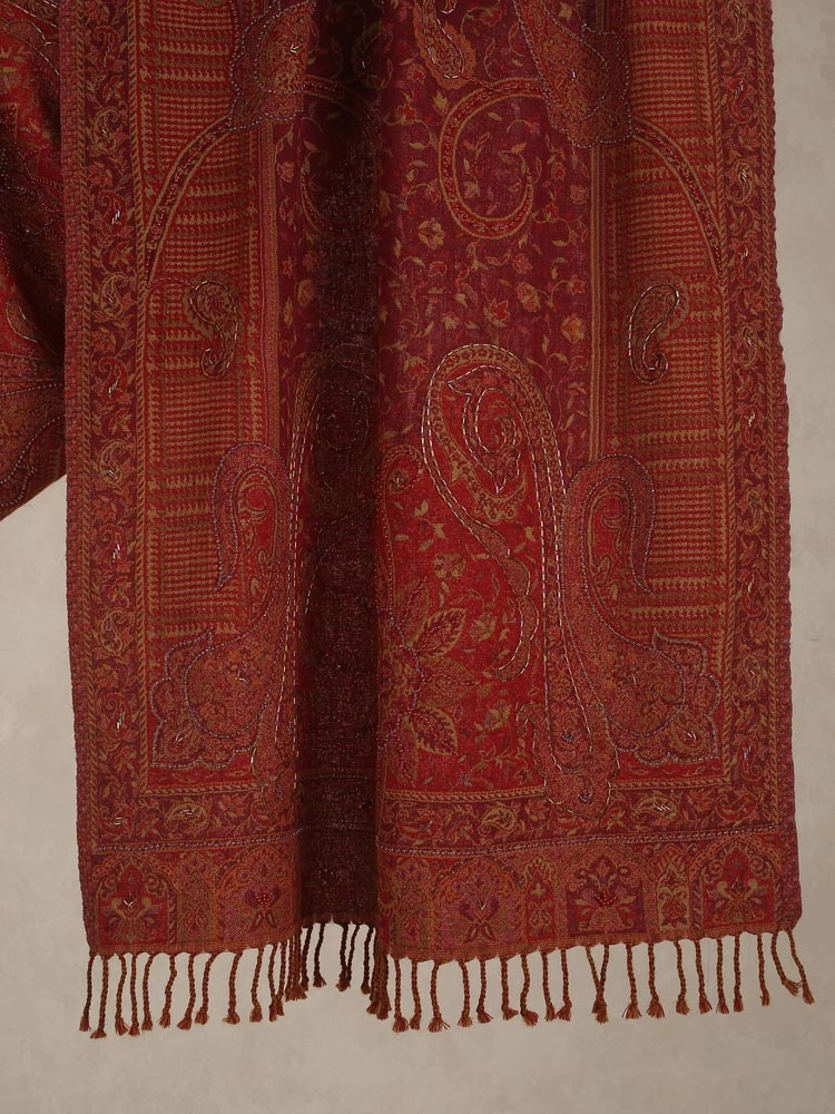 ImageTara Paisley Hand Emb Merino Wool Stole – Roorkee Red