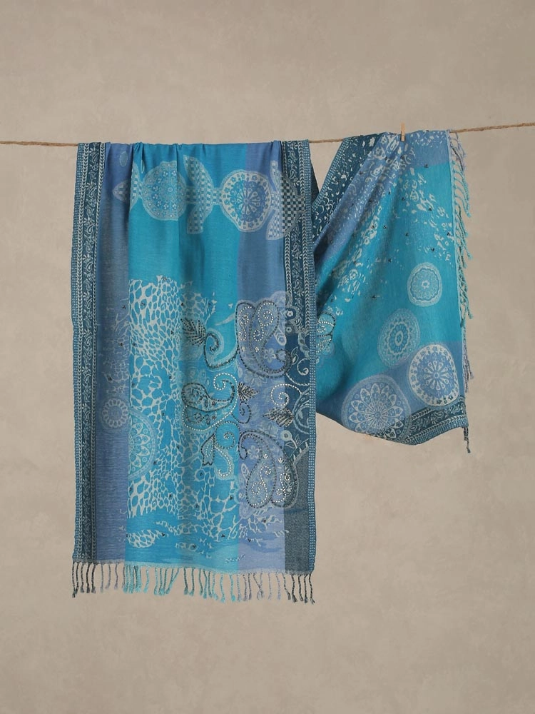 ImageMira Weaves Hand Emb Merino Wool Stole – Mystique Blue