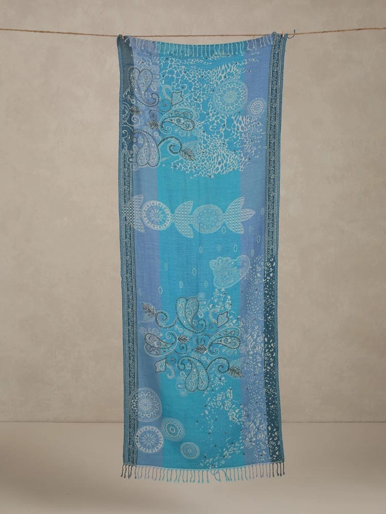 ImageMira Weaves Hand Emb Merino Wool Stole – Mystique Blue