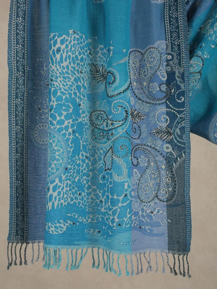 ImageMira Weaves Hand Emb Merino Wool Stole – Mystique Blue