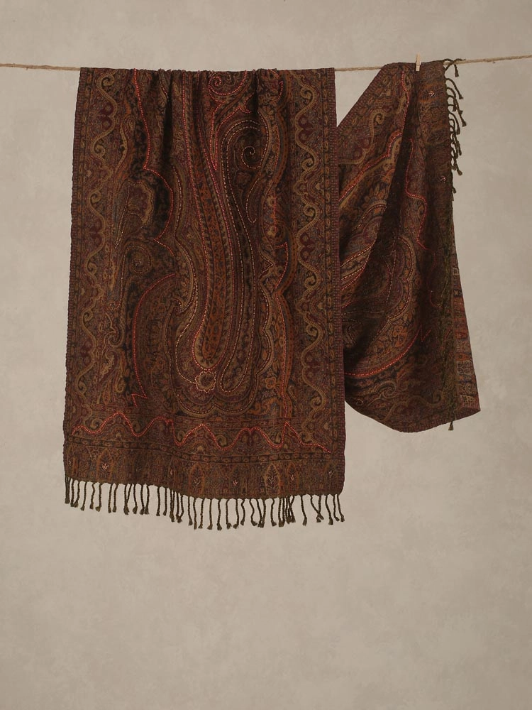 ImageZoya Badaam Hand Emb Merino Wool Stole – Maroon, Beige