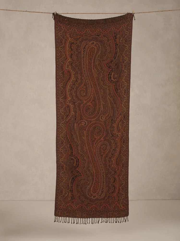 ImageZoya Badaam Hand Emb Merino Wool Stole – Maroon, Beige