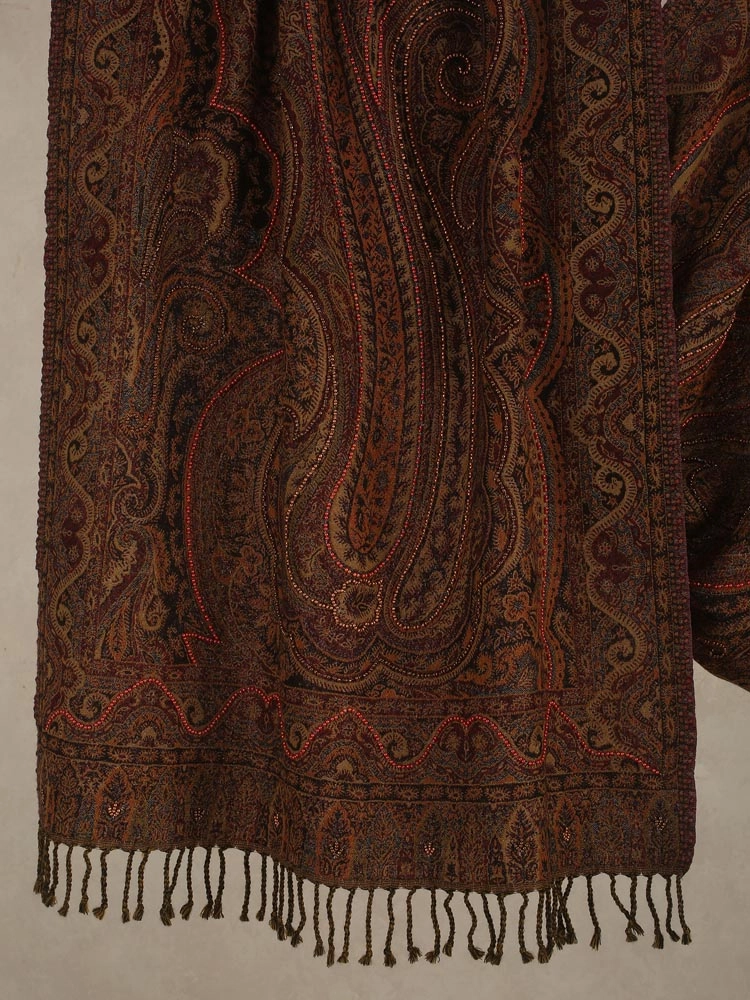 ImageZoya Badaam Hand Emb Merino Wool Stole – Maroon, Beige