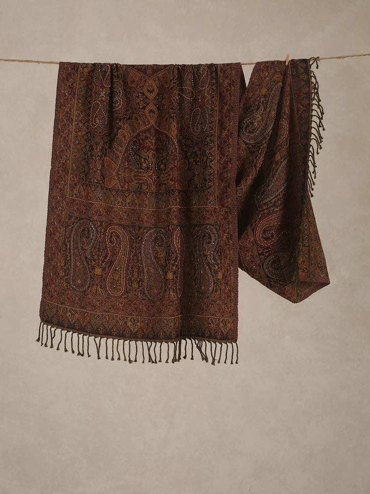 ImageRiza Buteh Merino Wool Hand Emb Stole – Maroon, Black