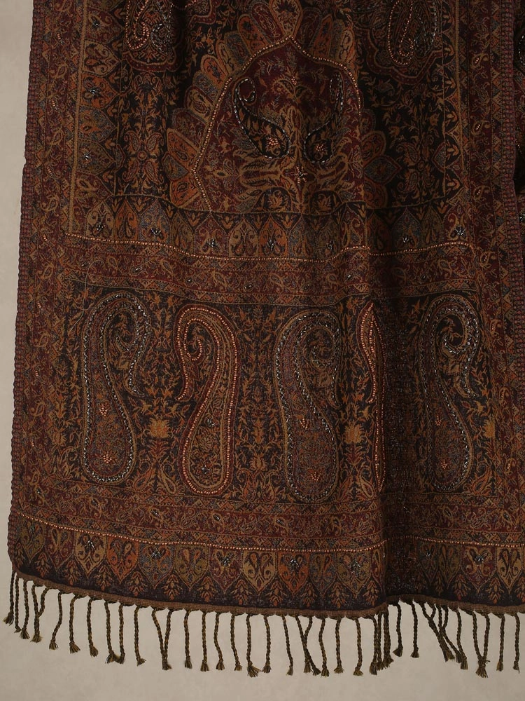 ImageRiza Buteh Merino Wool Hand Emb Stole – Maroon, Black