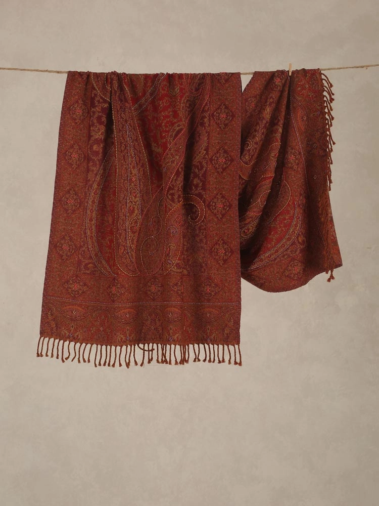 ImageTomato Red Lux Paisley Merino Wool Hand Emb Wrap