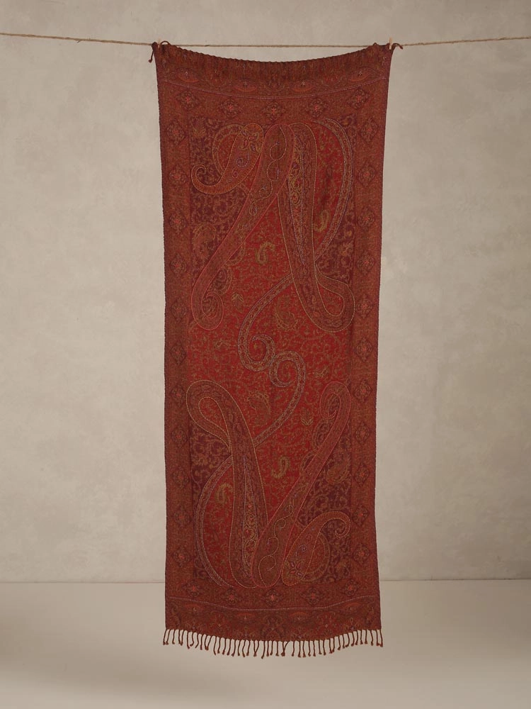 ImageTomato Red Lux Paisley Merino Wool Hand Emb Wrap