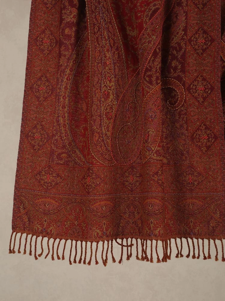 ImageTomato Red Lux Paisley Merino Wool Hand Emb Wrap