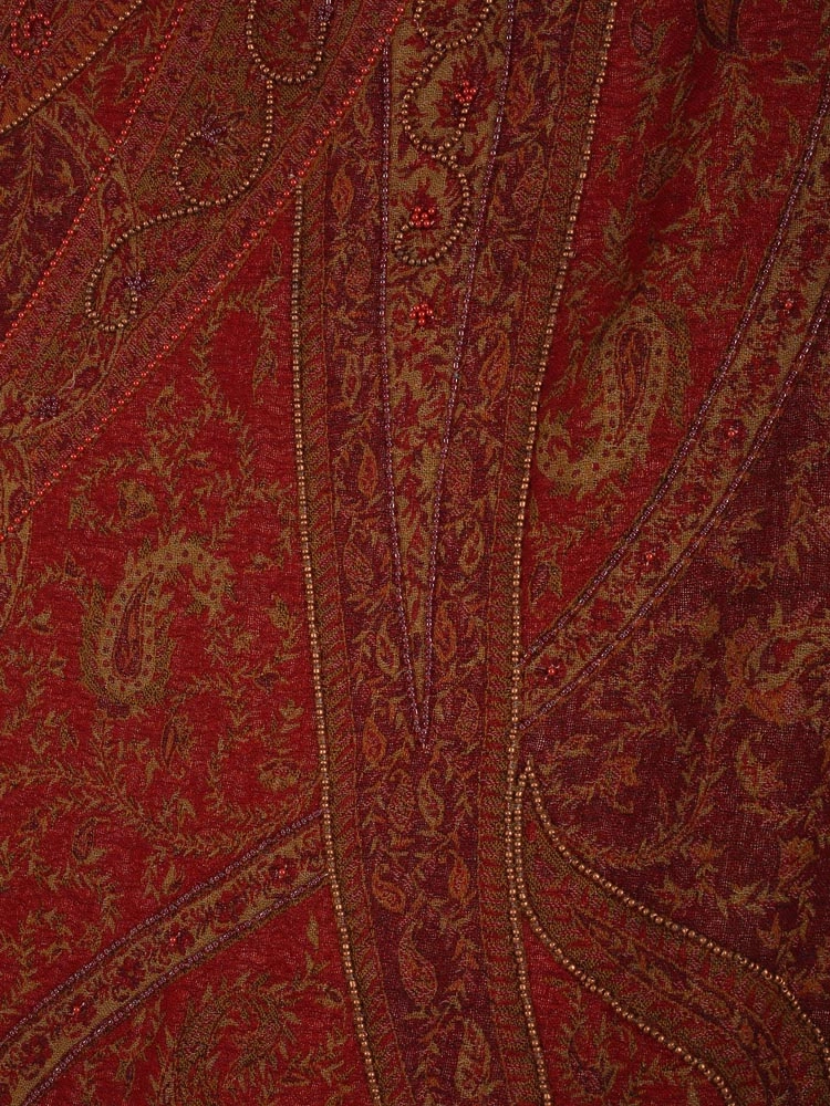 ImageTomato Red Lux Paisley Merino Wool Hand Emb Wrap