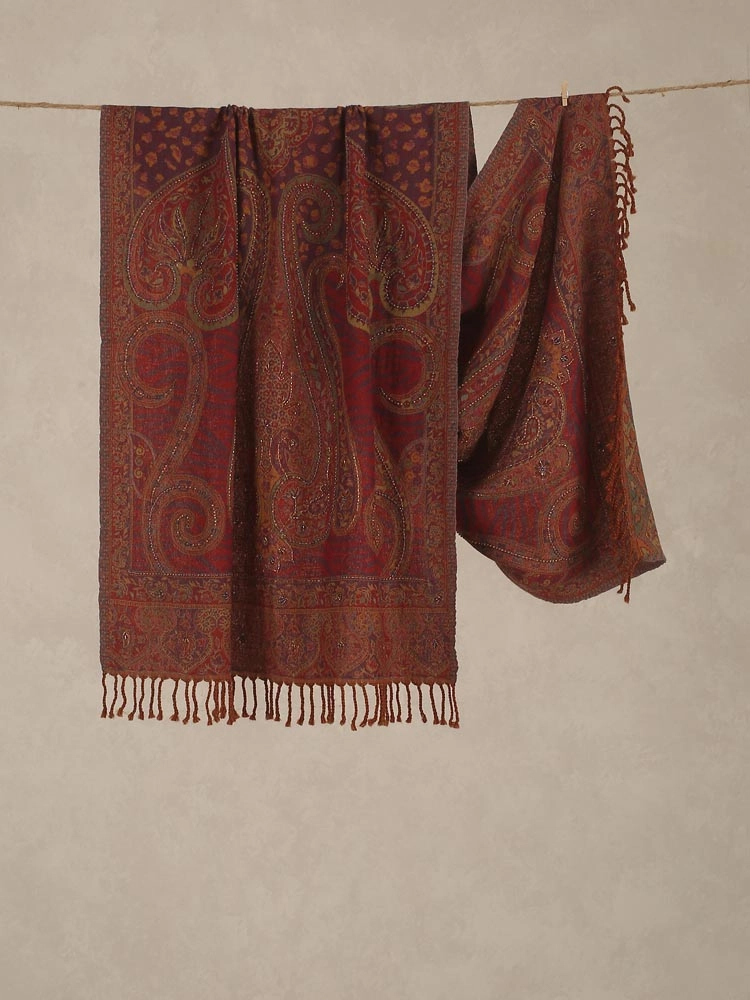 ImageChili Red Lux Paisley Merino Wool Hand Emb Stole
