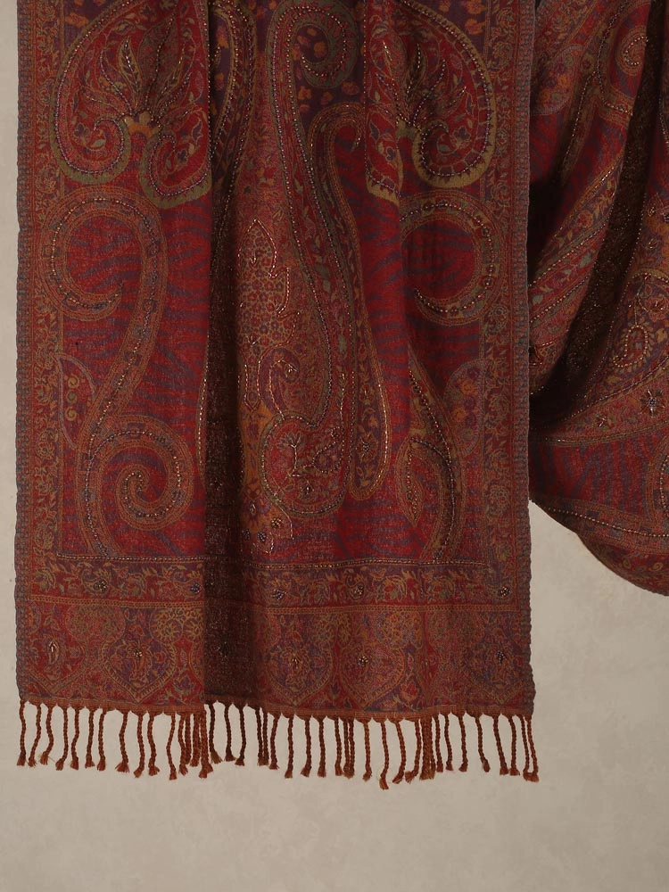ImageChili Red Lux Paisley Merino Wool Hand Emb Stole