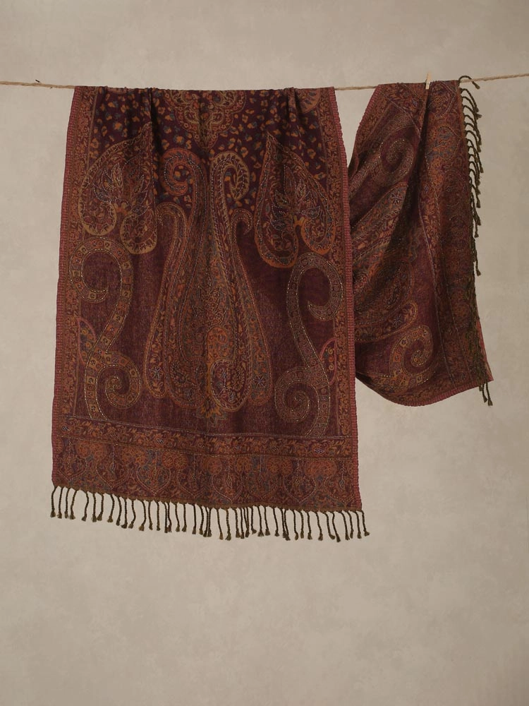 ImageAntique Maroon Lux Paisley Merino Wool Hand Emb Stole