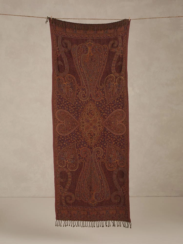 ImageAntique Maroon Lux Paisley Merino Wool Hand Emb Stole