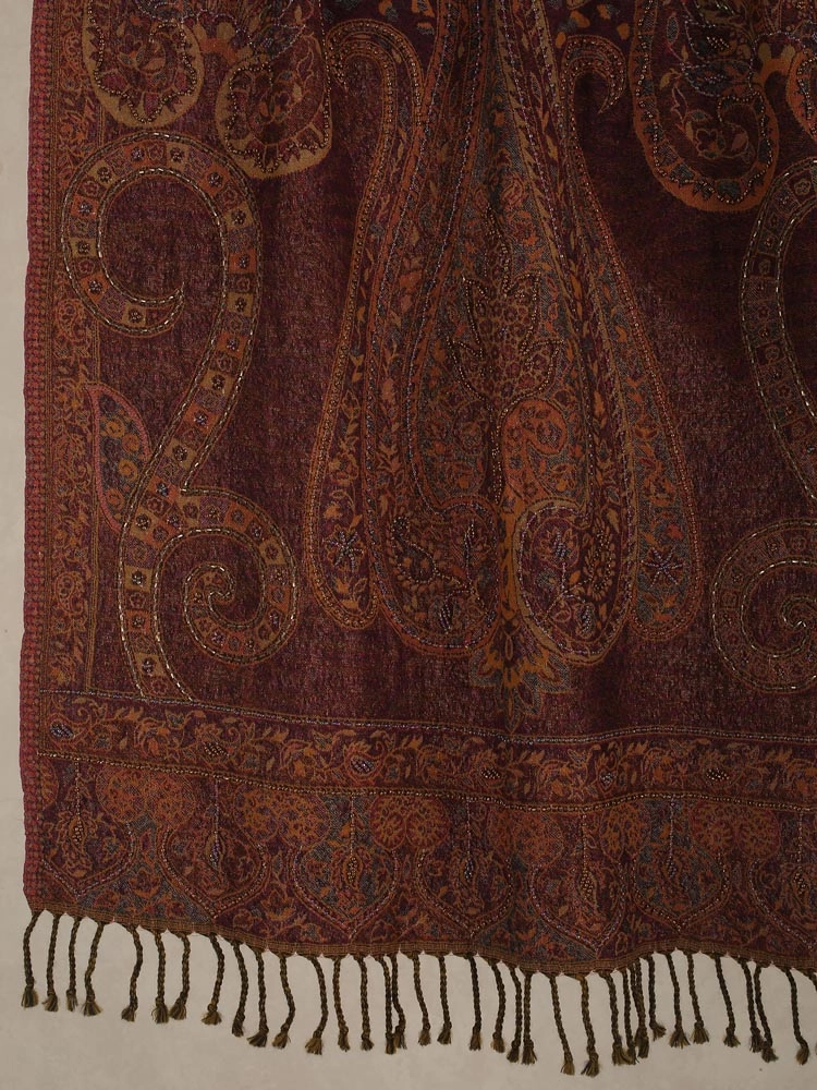 ImageAntique Maroon Lux Paisley Merino Wool Hand Emb Stole