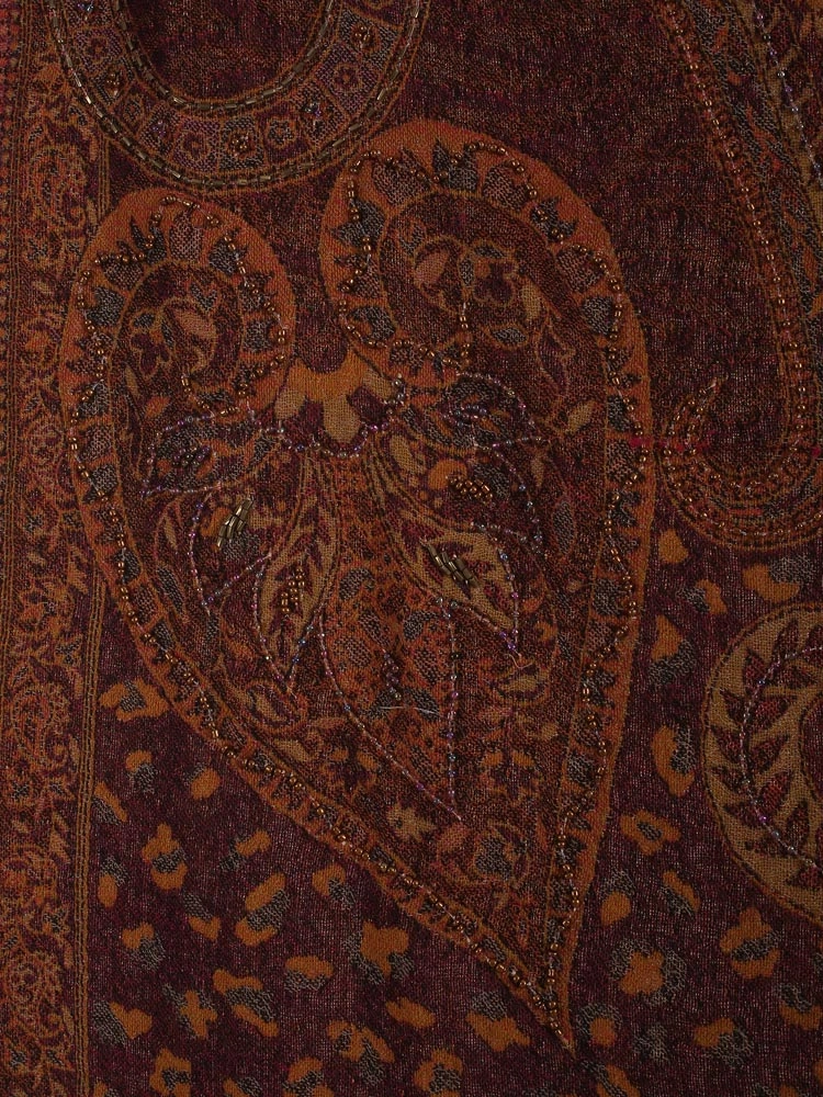 ImageAntique Maroon Lux Paisley Merino Wool Hand Emb Stole