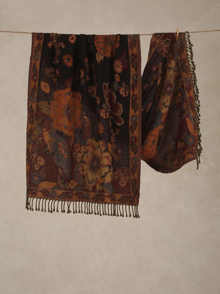 ImageNikunj Jaal Merino Wool Hand Emb Wrap – Vintage Rust
