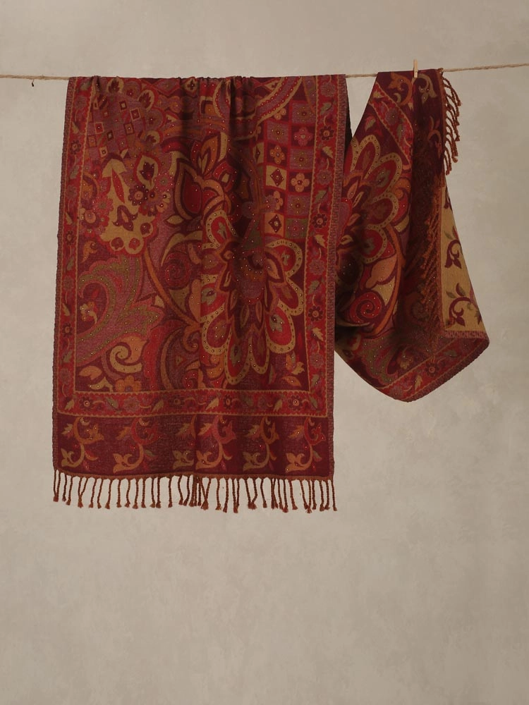 Aza Jaal Merino Wool Hand Emb Stole - Riga Red