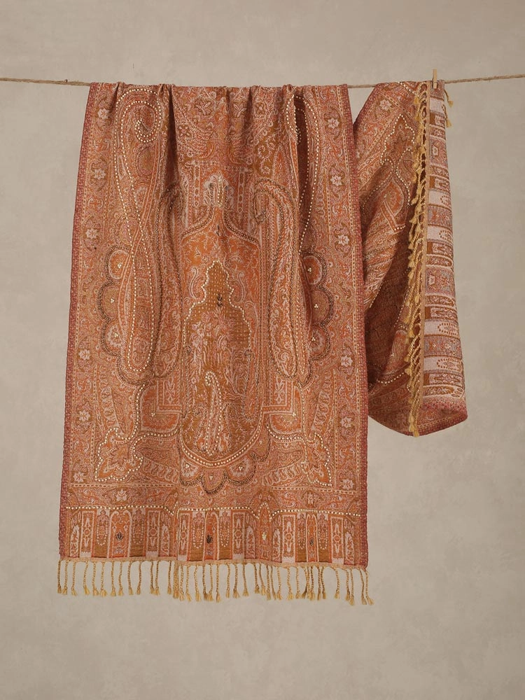 ImageOma Paisley Hand Emb Merino Wool Stole – Cinnamon Yellow