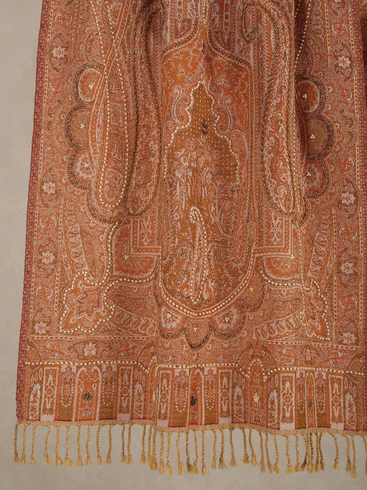 ImageOma Paisley Hand Emb Merino Wool Stole – Cinnamon Yellow