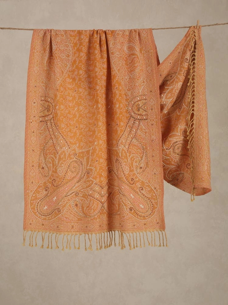 ImageNira Paisley Hand Emb Merino Wool Stole – Honey Mustard