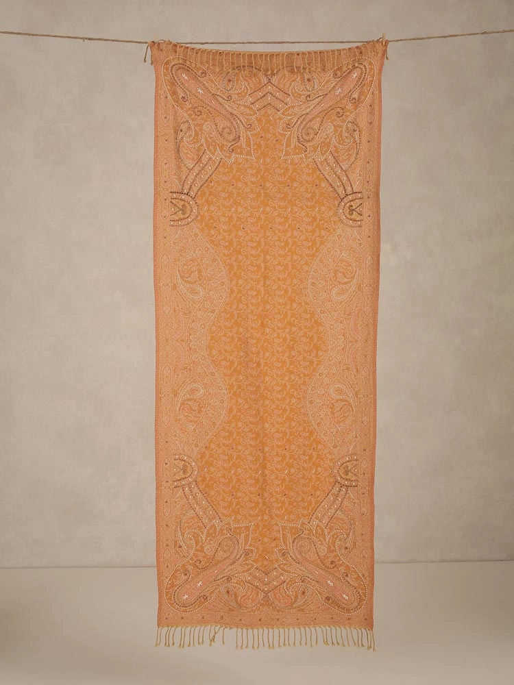 ImageNira Paisley Hand Emb Merino Wool Stole – Honey Mustard