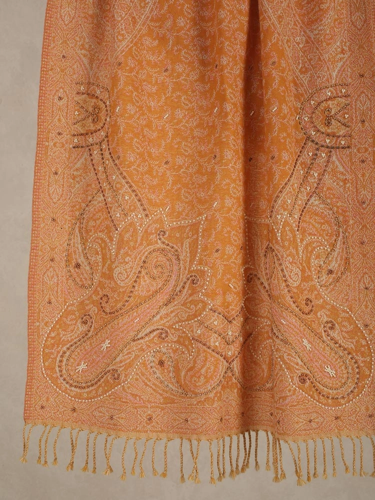 ImageNira Paisley Hand Emb Merino Wool Stole – Honey Mustard