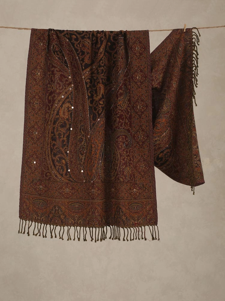 ImageBurgundy Lux Paisley Merino Wool Hand Emb Wrap