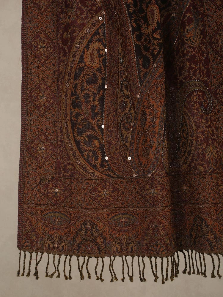 ImageBurgundy Lux Paisley Merino Wool Hand Emb Wrap