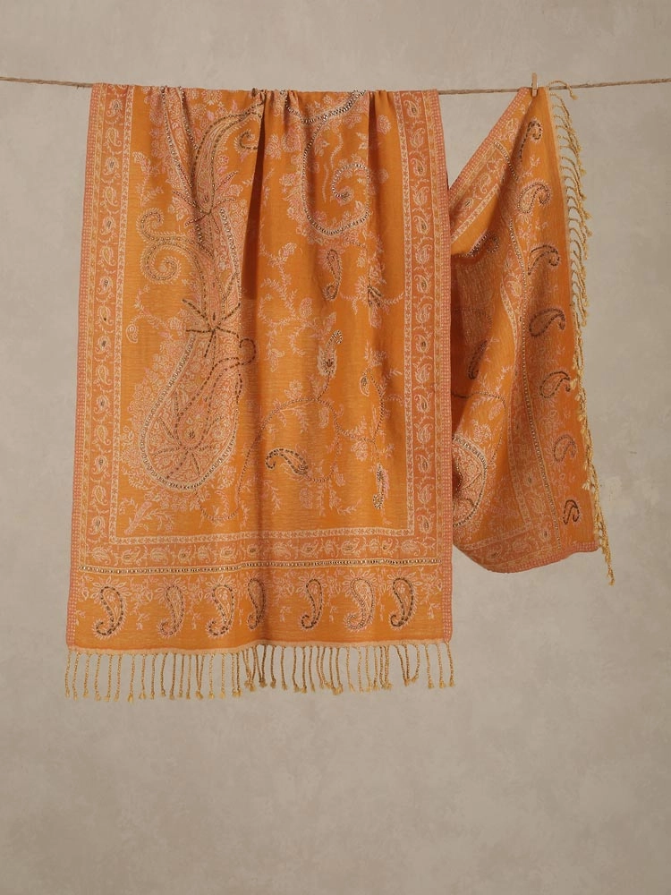 Paisleykaar Merino Wool Hand Emb Wrap - Mango Yellow