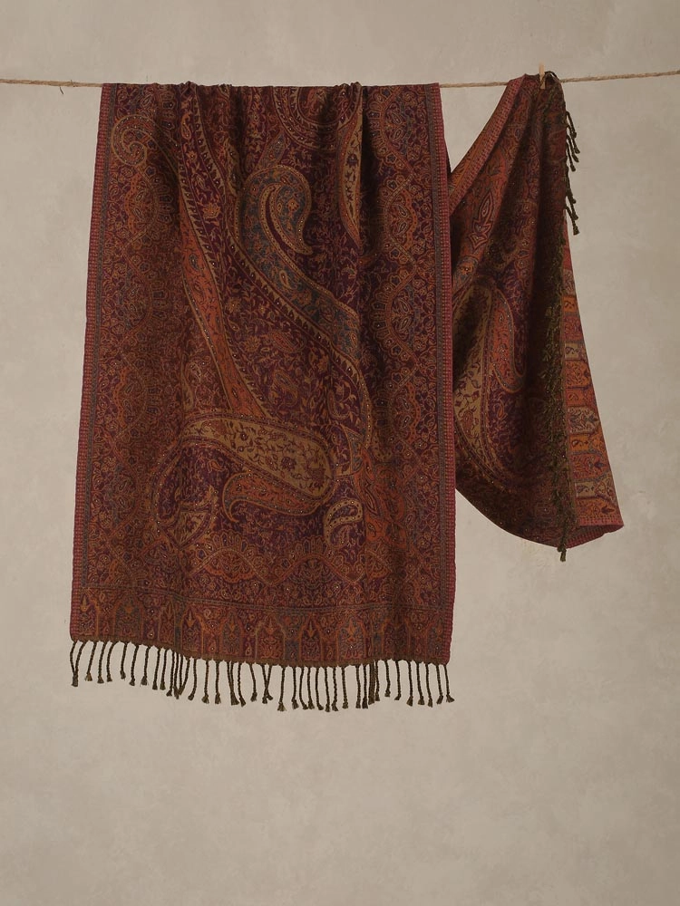 Rina Paisley Hand Emb Merino Wool Wrap - Burnt Rust