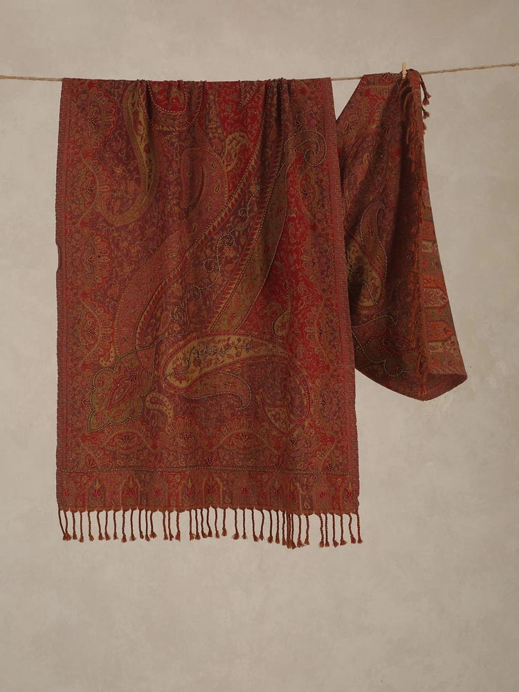 Ara Paisley Merino Wool Hand Emb Stole - Ranchi Red