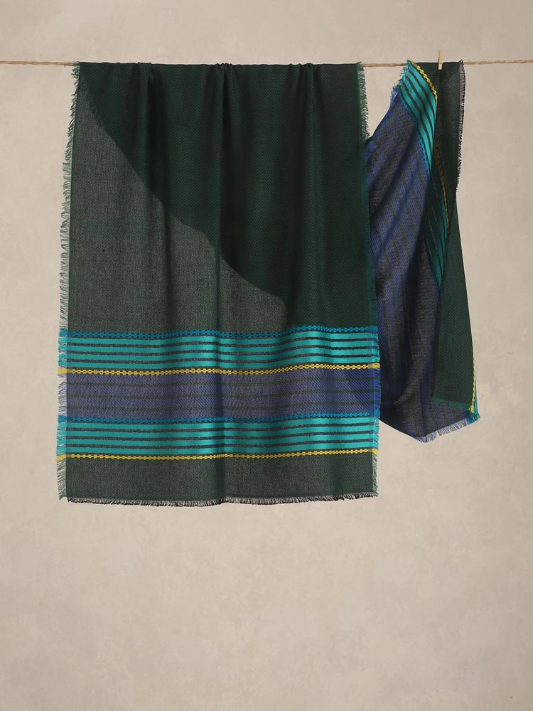 Axis Stripes Wool Blend Stole - Bottle Green, Blue