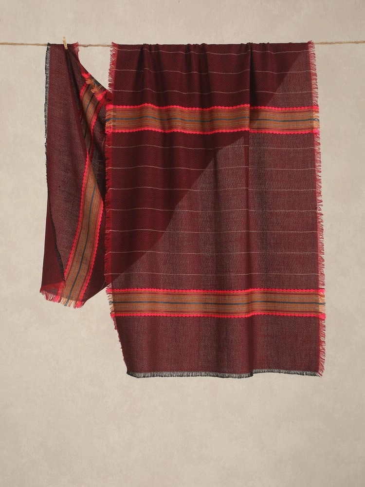 Axis Stripes Wool Blend Stole - Deep Red