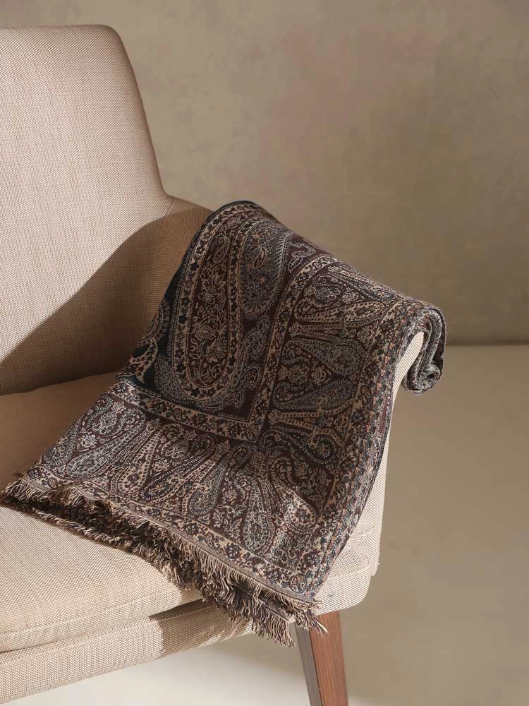 Midnight Paisley Wool Blend Throw - Navy, Brown
