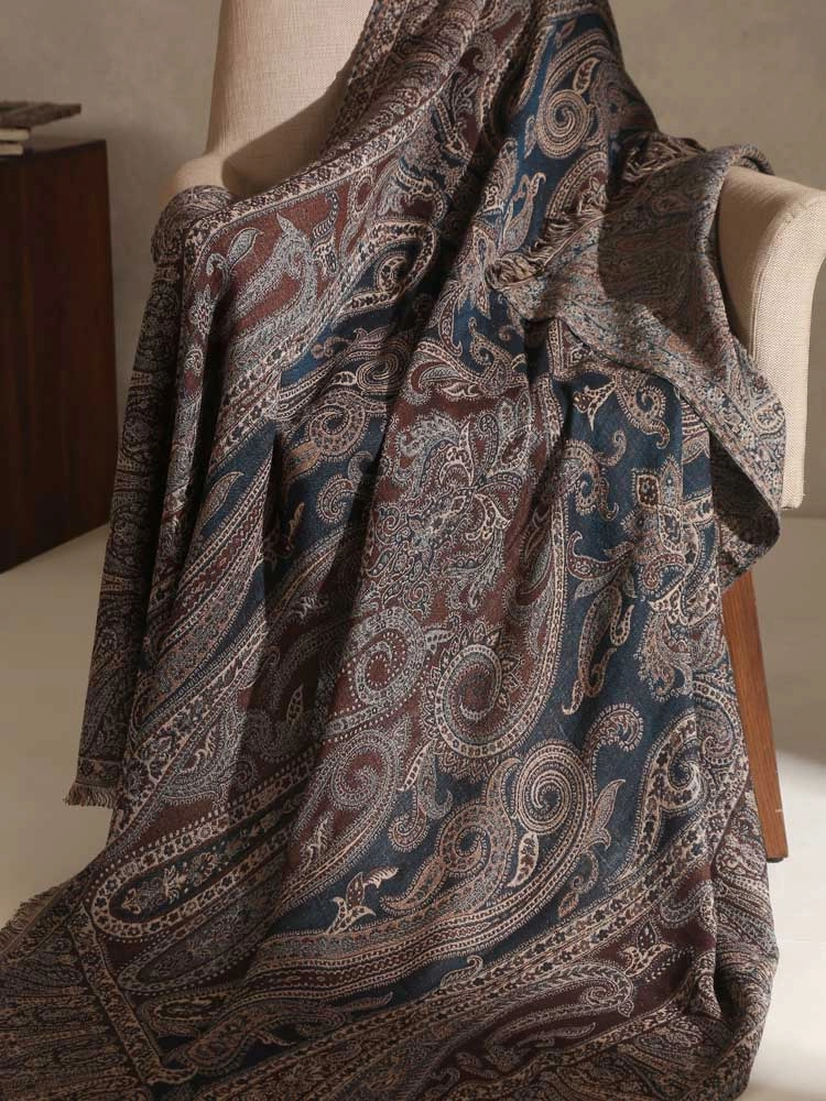 ImageMidnight Paisley Wool Blend Throw – Navy, Brown