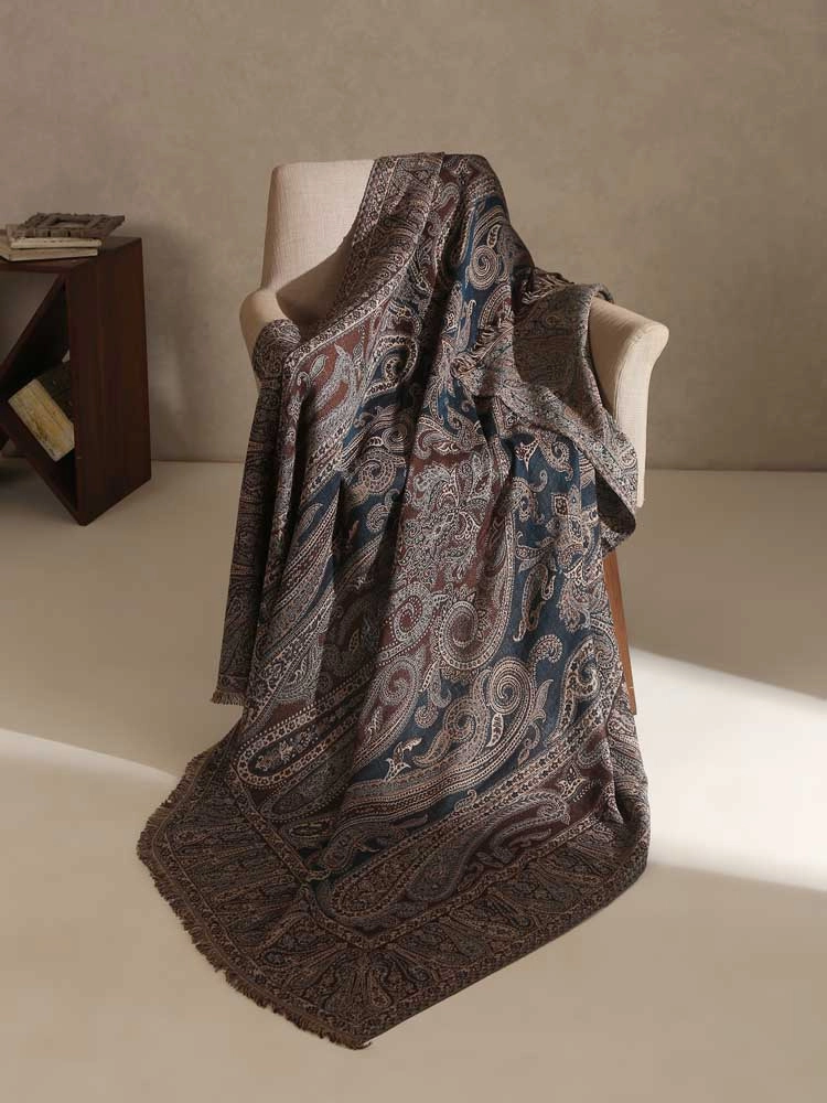 ImageMidnight Paisley Wool Blend Throw – Navy, Brown